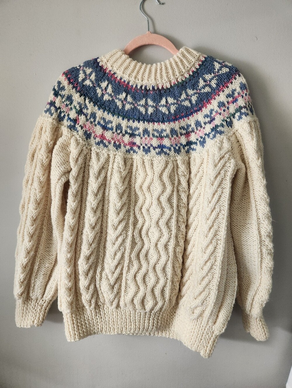 Handknit Fair Isle Nordic Yoke Chunky Cableknit Sweater - Picture 5 of 11
